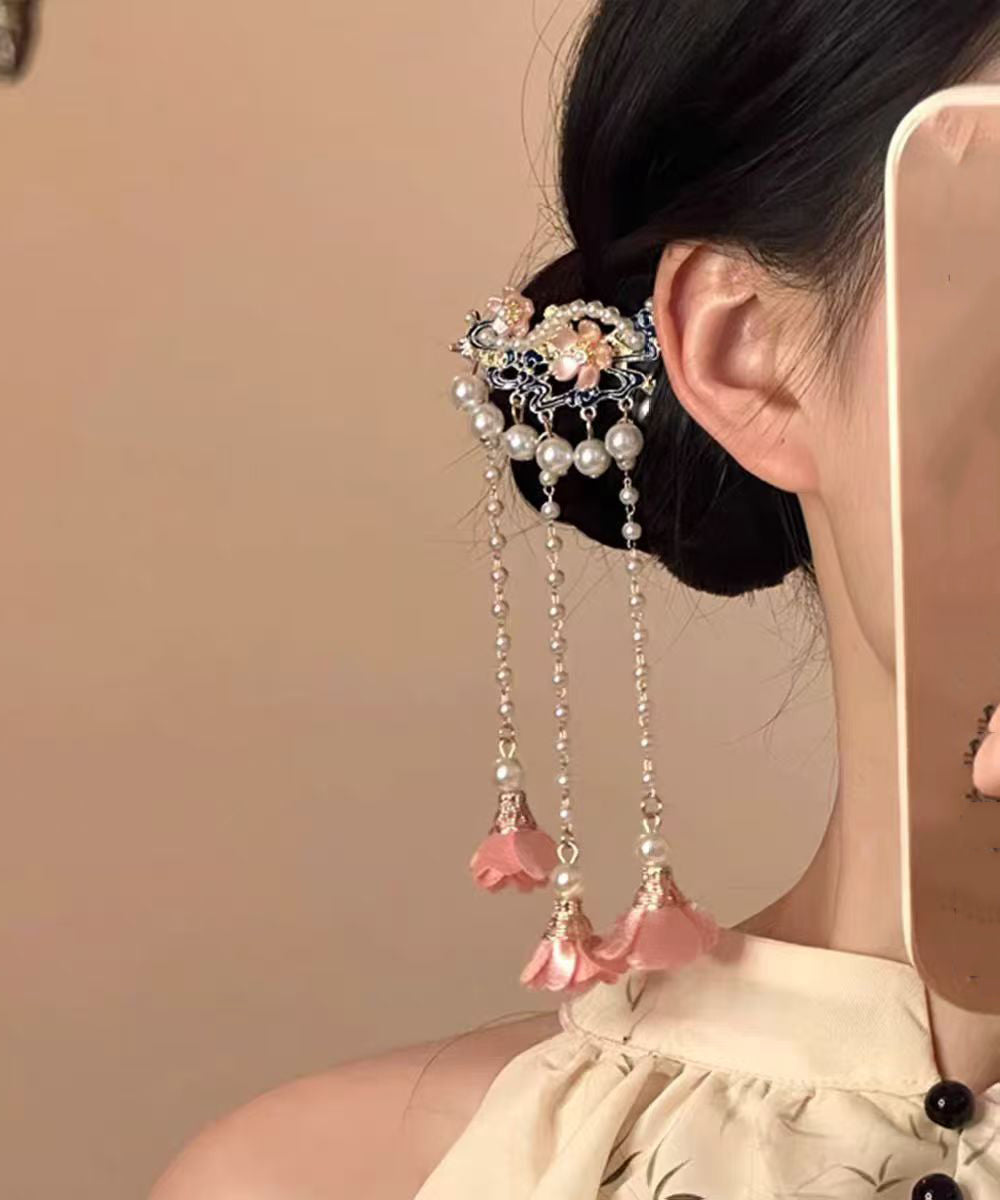 Chinese Style Alloy Pearl Floral Tassel Single Hairpin