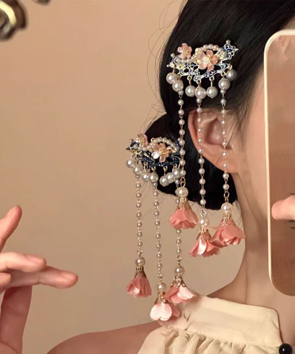 Chinese Style Alloy Pearl Floral Tassel Single Hairpin