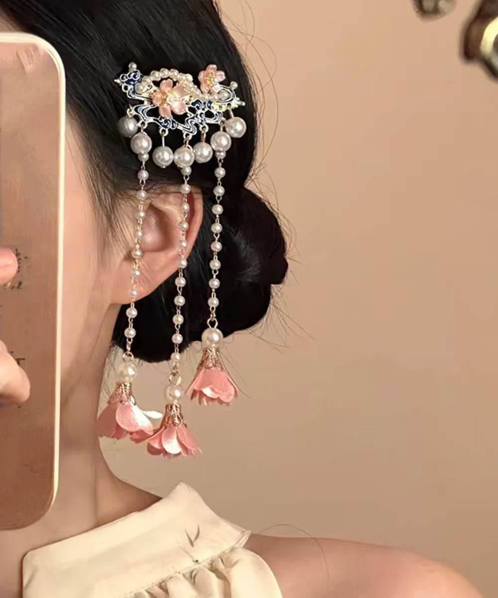 Chinese Style Alloy Pearl Floral Tassel Single Hairpin