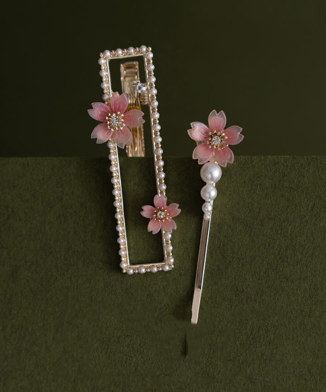 Chinese Style Alloy Zircon Pearl Resin Floral Hairpin Two-Piece Set