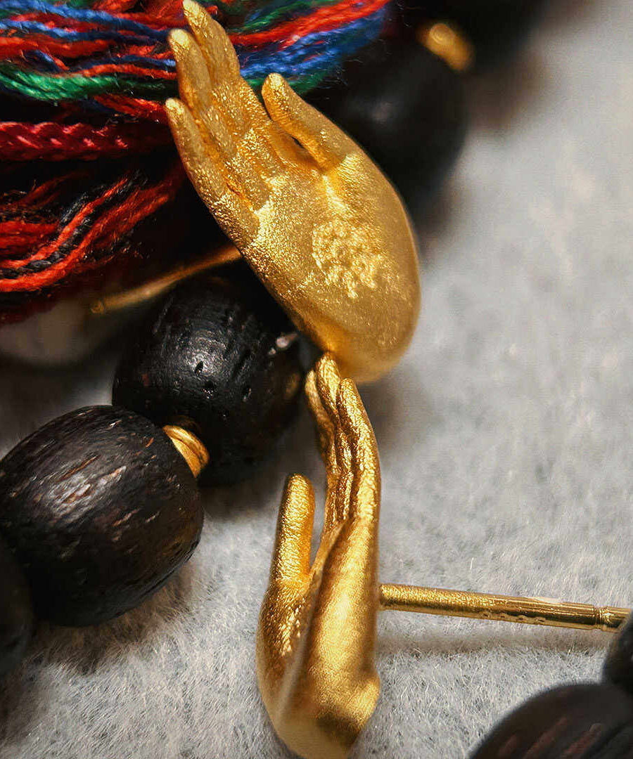 Chinese Style Ancient Method Silver Gold-Plated Fearless Buddha's Seal Stud Earrings - Omychic