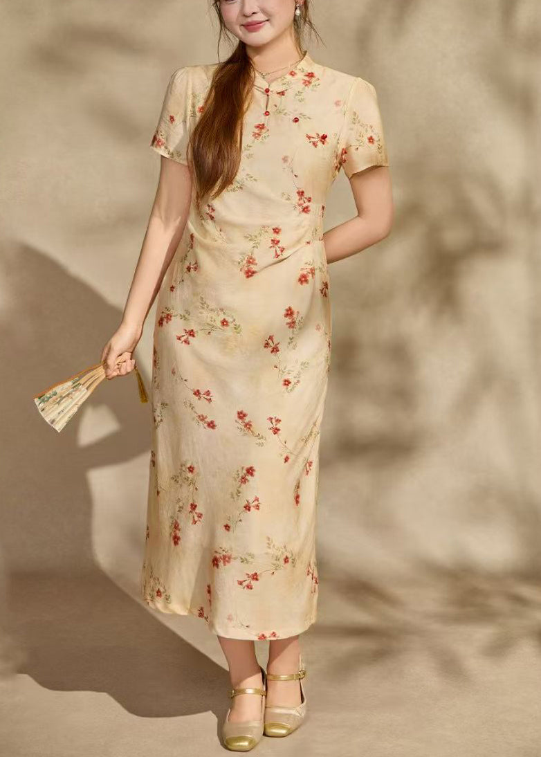 Chinese Style Apricot Print Cotton Long Dresses Summer
