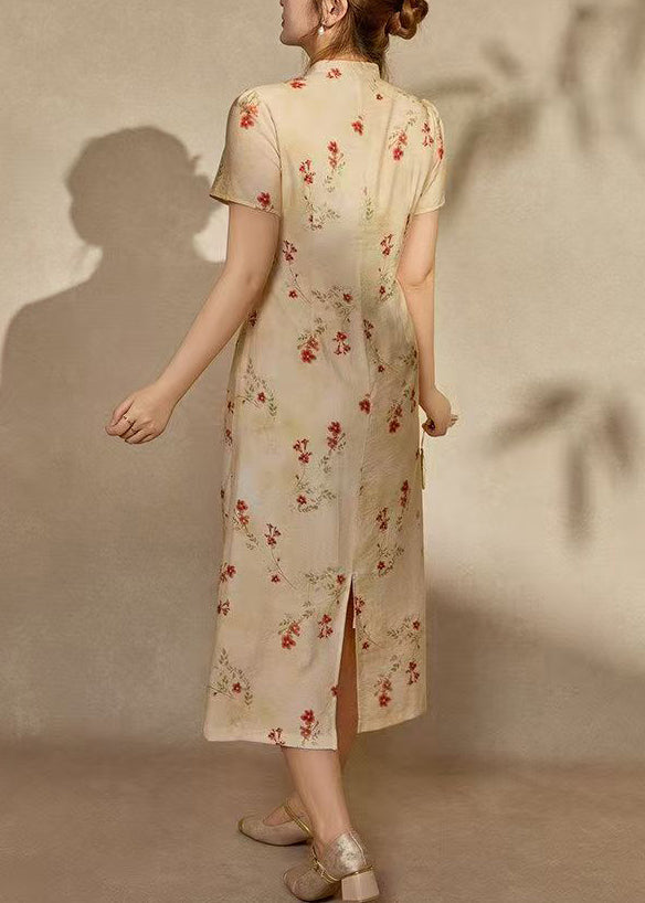 Chinese Style Apricot Print Cotton Long Dresses Summer