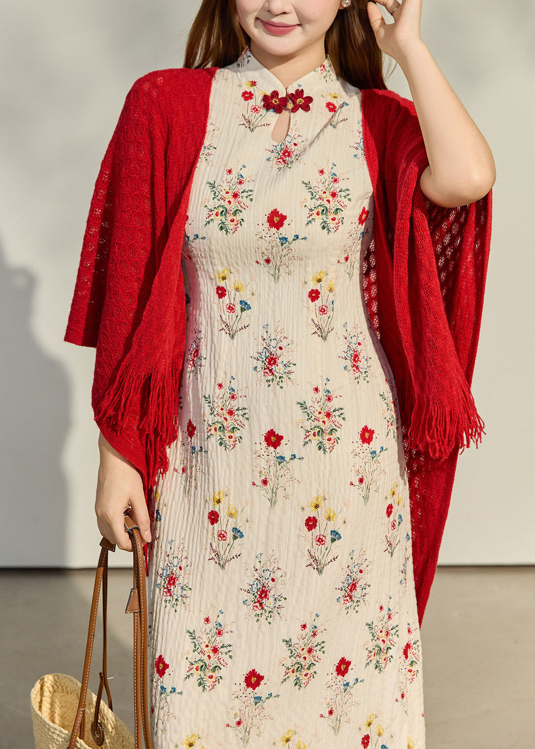 Chinese Style Apricot Print Wrinkled Chiffon Long Dresses Summer