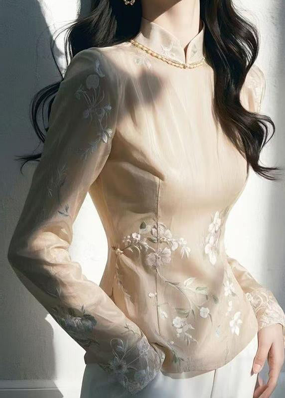 Chinese Style Apricot Stand Collar Embroidered Slim Tulle Top Fall