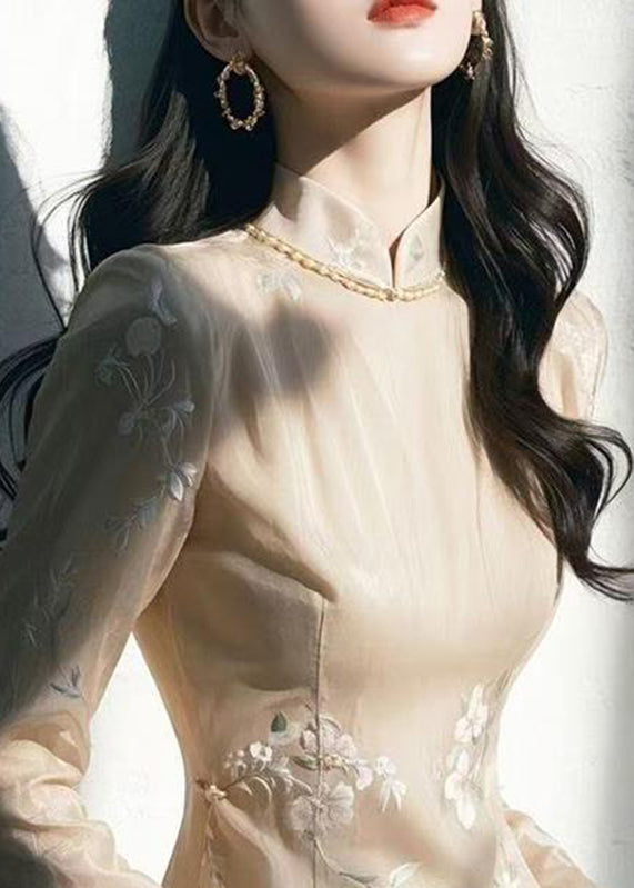 Chinese Style Apricot Stand Collar Embroidered Slim Tulle Top Fall