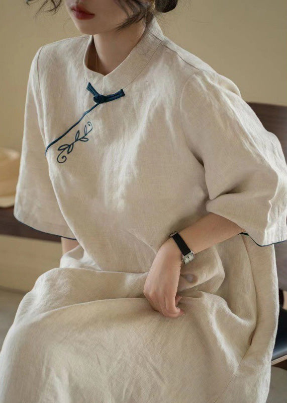 Chinese Style Apricot Stand Collar Tie Waist Long Dress Fall