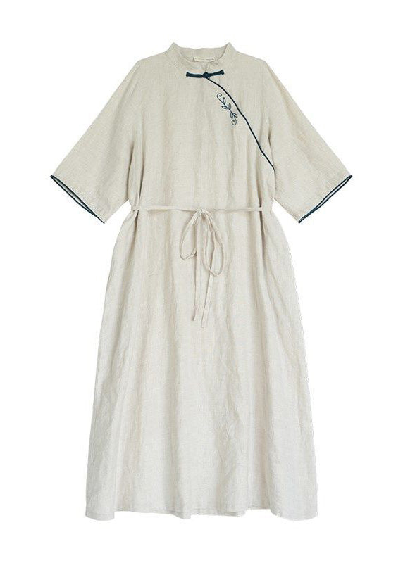 Chinese Style Apricot Stand Collar Tie Waist Long Dress Fall