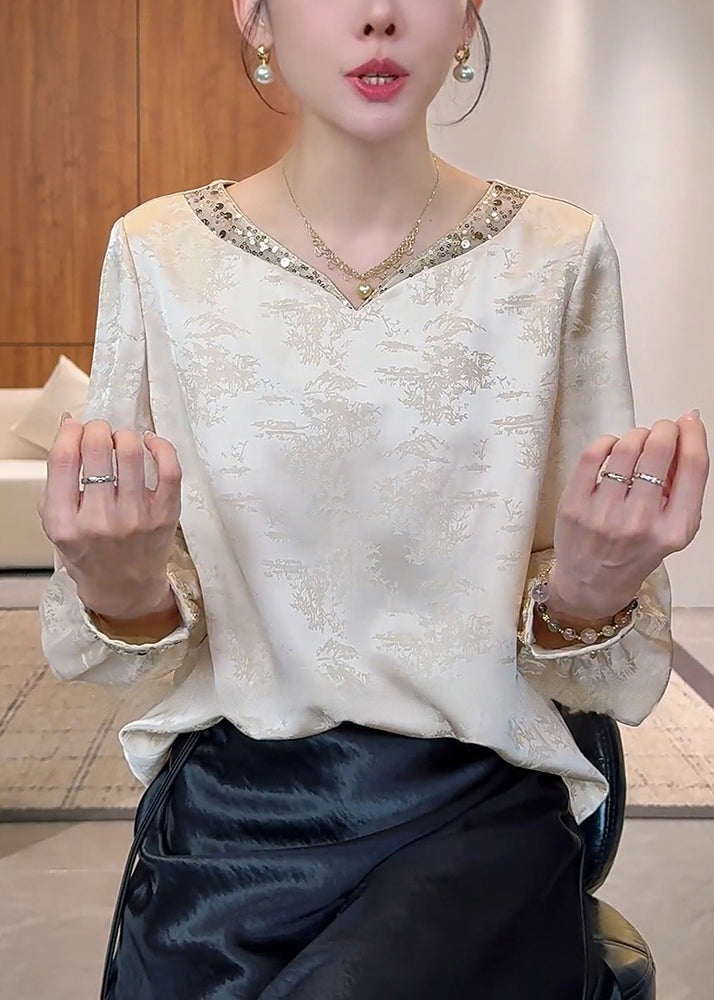 Chinese Style Apricot V Neck Silk Top Fall