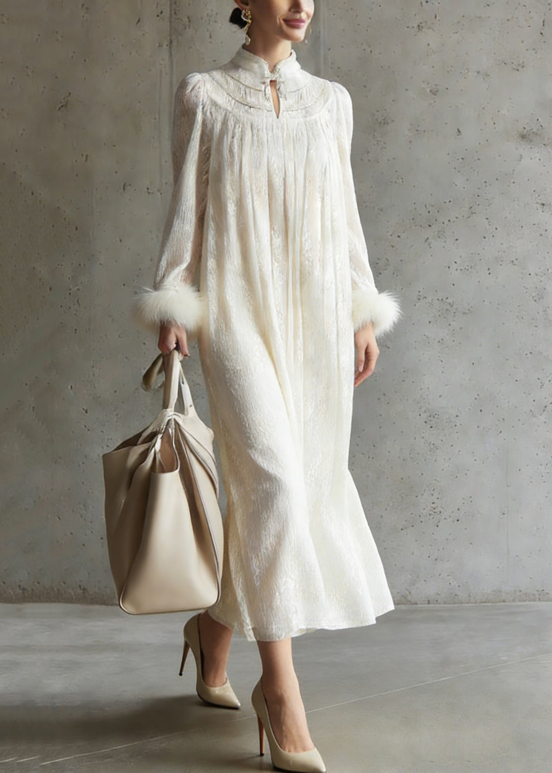 Chinese Style Apricot Wrinkled Fur Patchwork Lace Dress Spring