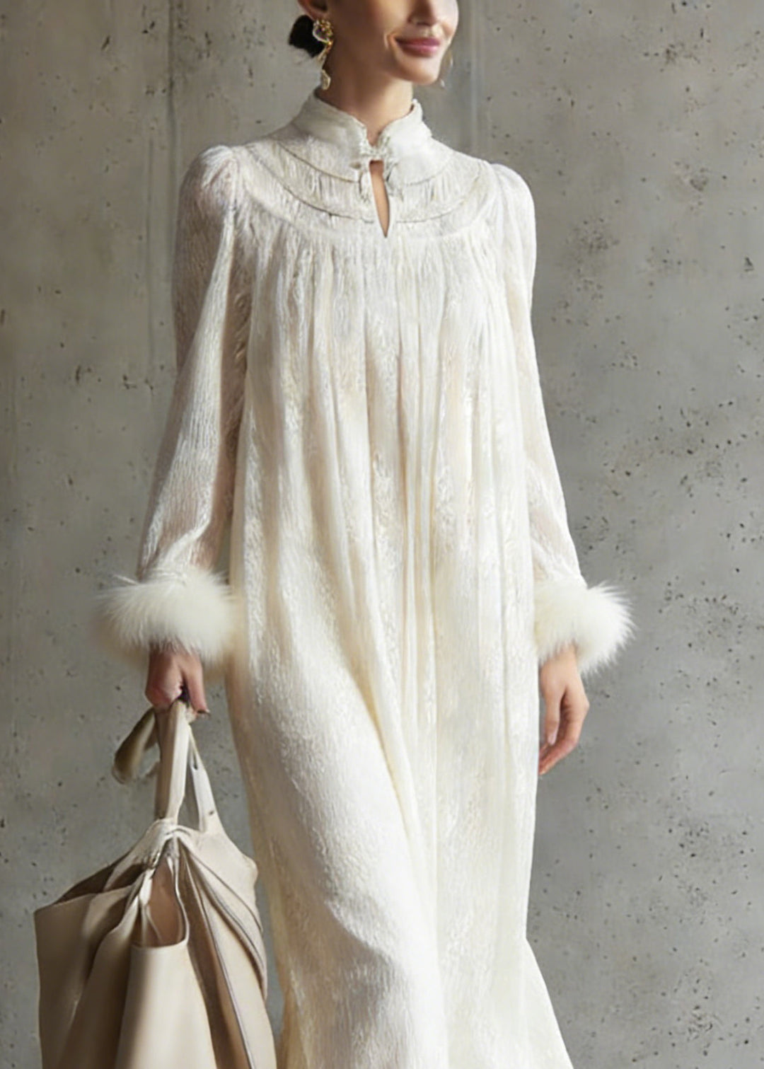 Chinese Style Apricot Wrinkled Fur Patchwork Lace Dress Spring