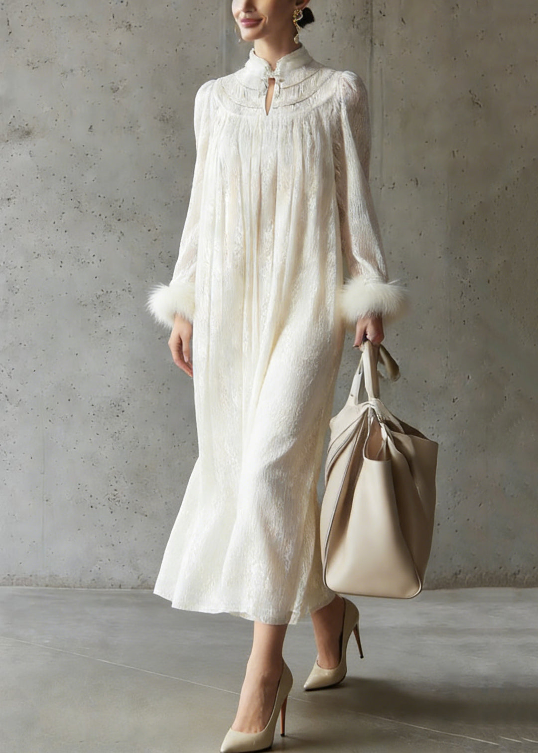 Chinese Style Apricot Wrinkled Fur Patchwork Lace Dress Spring