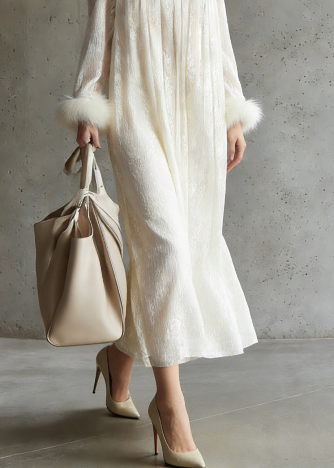 Chinese Style Apricot Wrinkled Fur Patchwork Lace Dress Spring