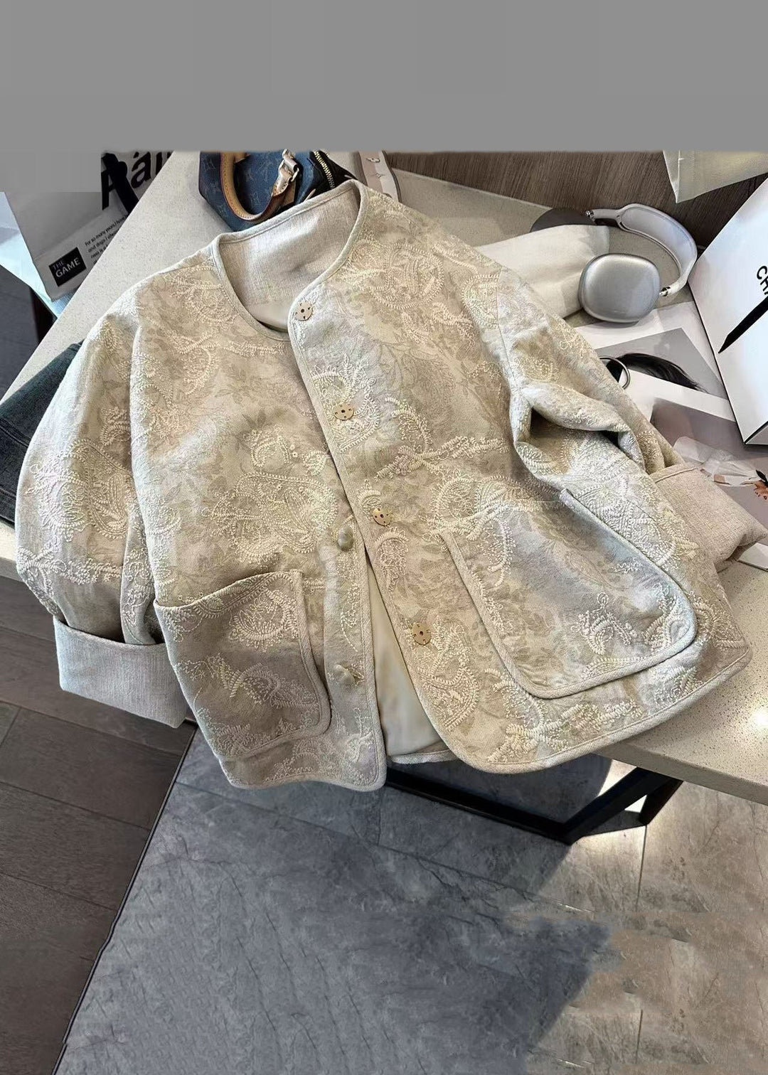 Chinese Style Beige Embroidered Button Pockets Cotton Coats Fall