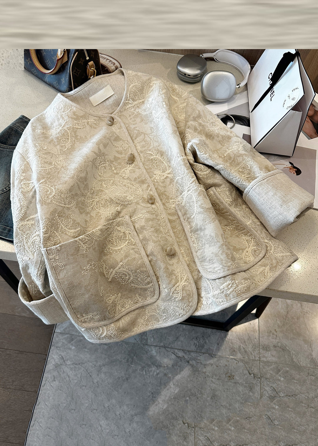 Chinese Style Beige Embroidered Button Pockets Cotton Coats Fall