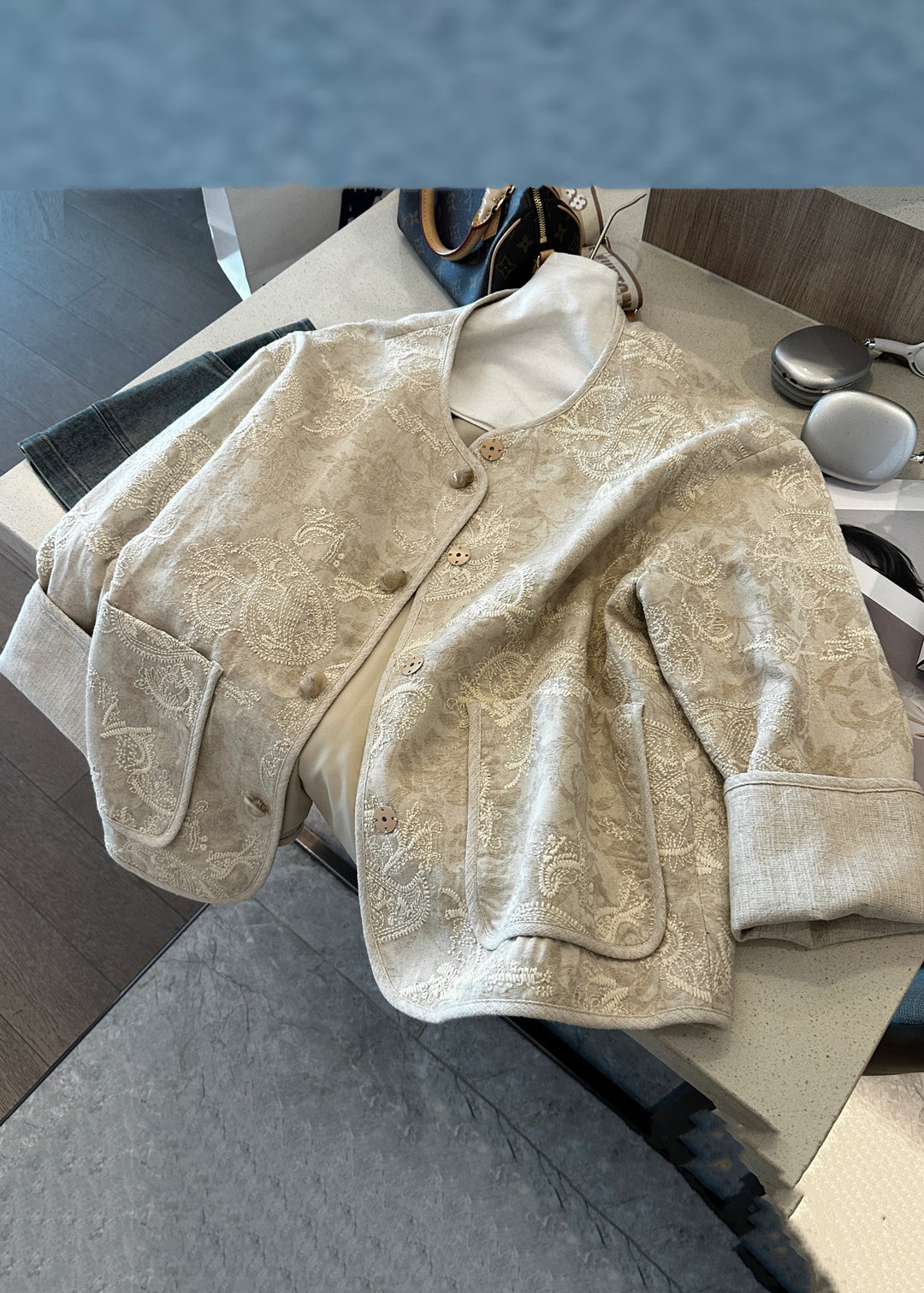 Chinese Style Beige Embroidered Button Pockets Cotton Coats Fall
