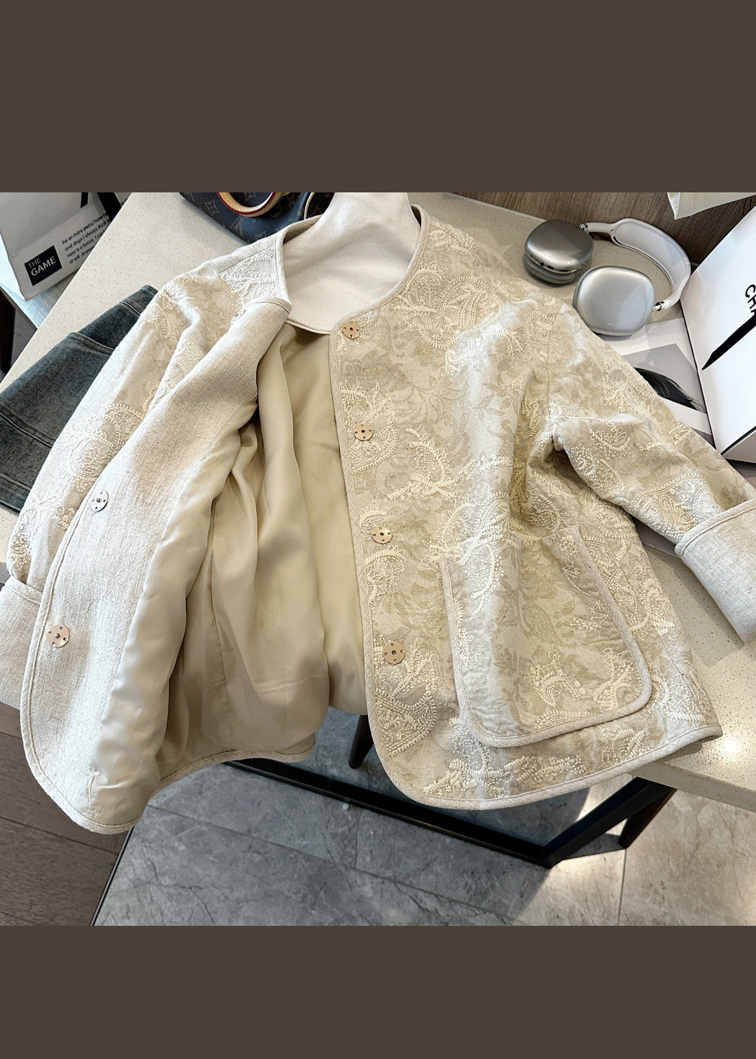 Chinese Style Beige Embroidered Button Pockets Cotton Coats Fall