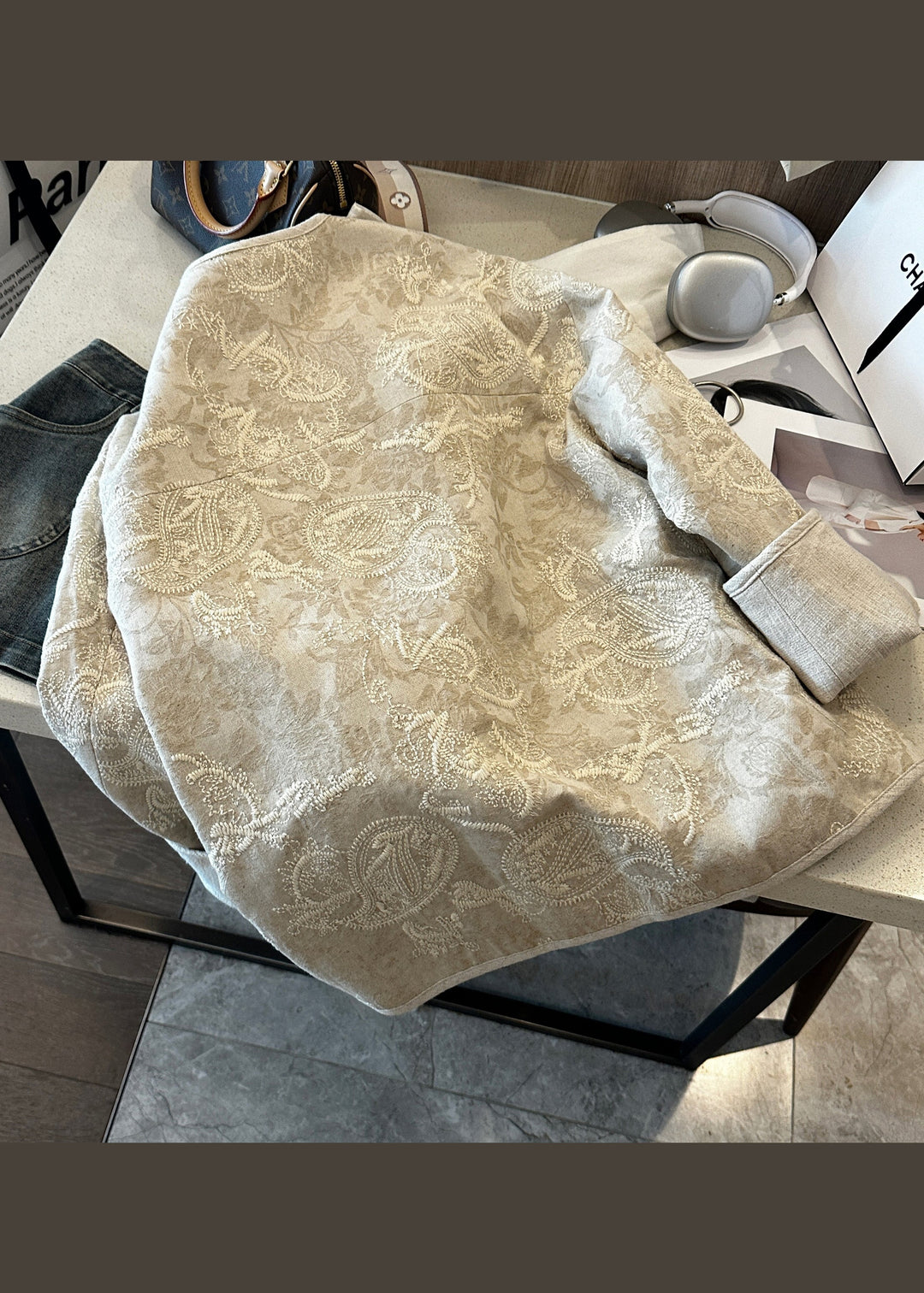 Chinese Style Beige Embroidered Button Pockets Cotton Coats Fall