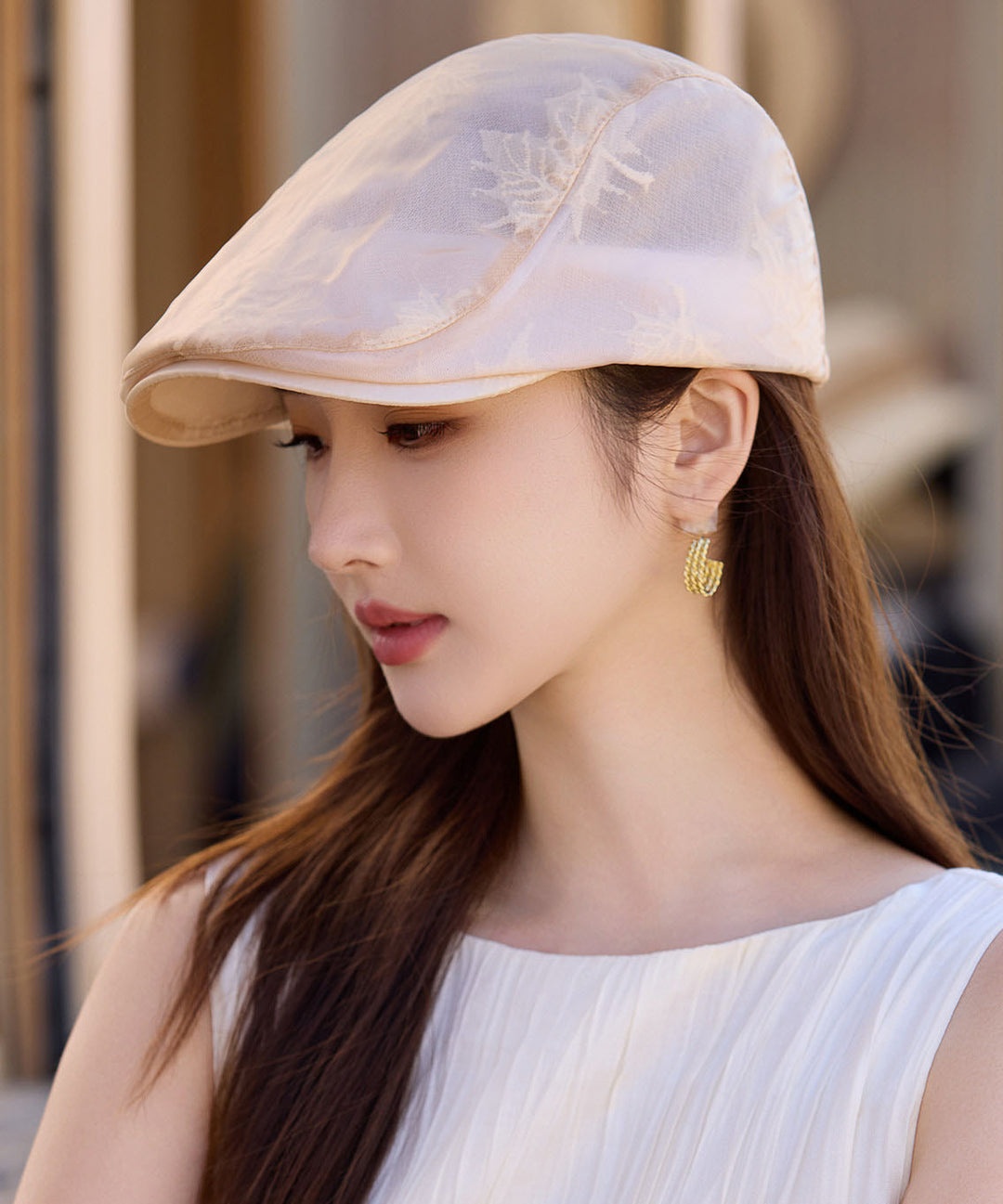 Chinese Style Beige Embroidered Fower Thin Breathable Hat