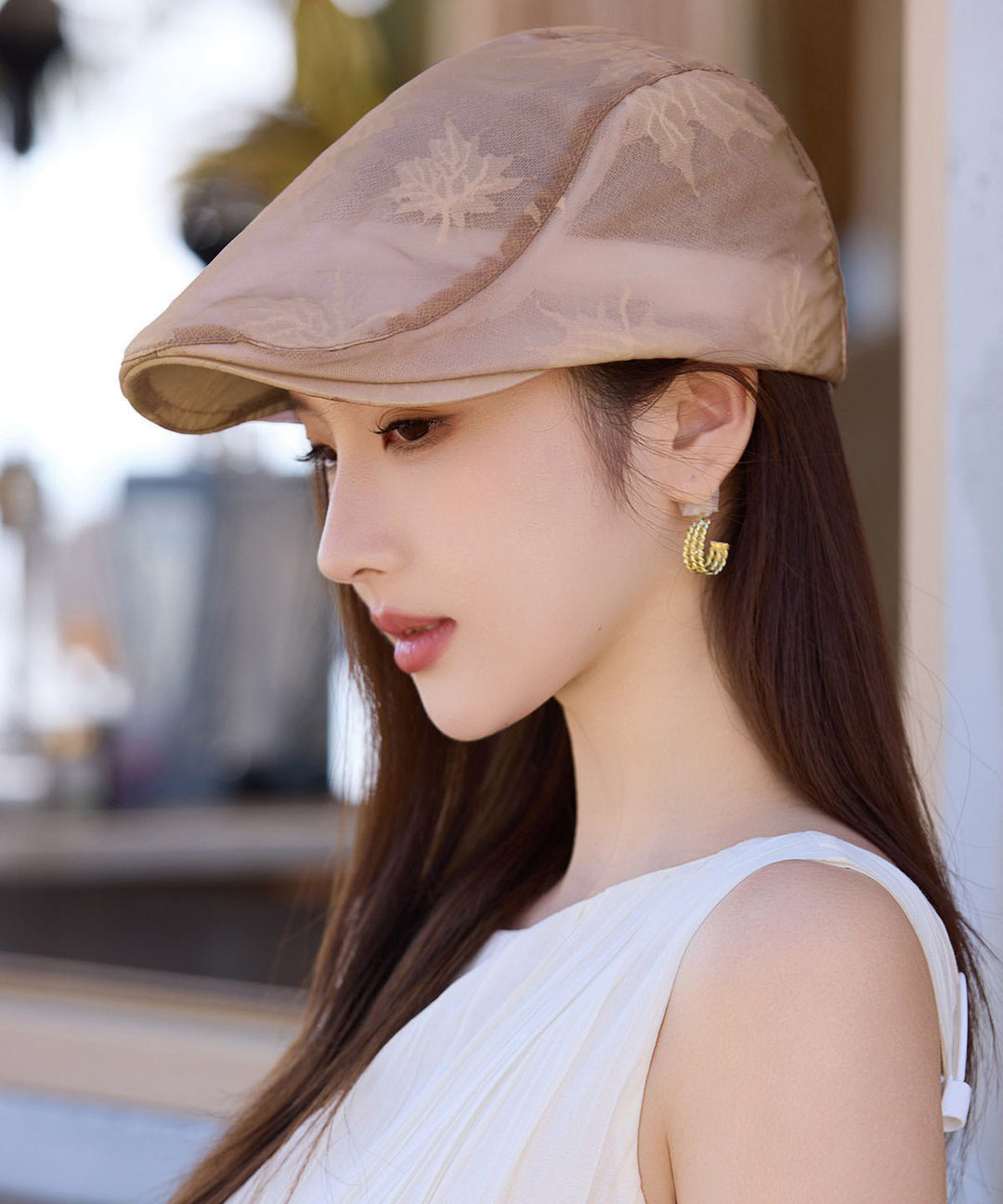 Chinese Style Beige Embroidered Fower Thin Breathable Hat