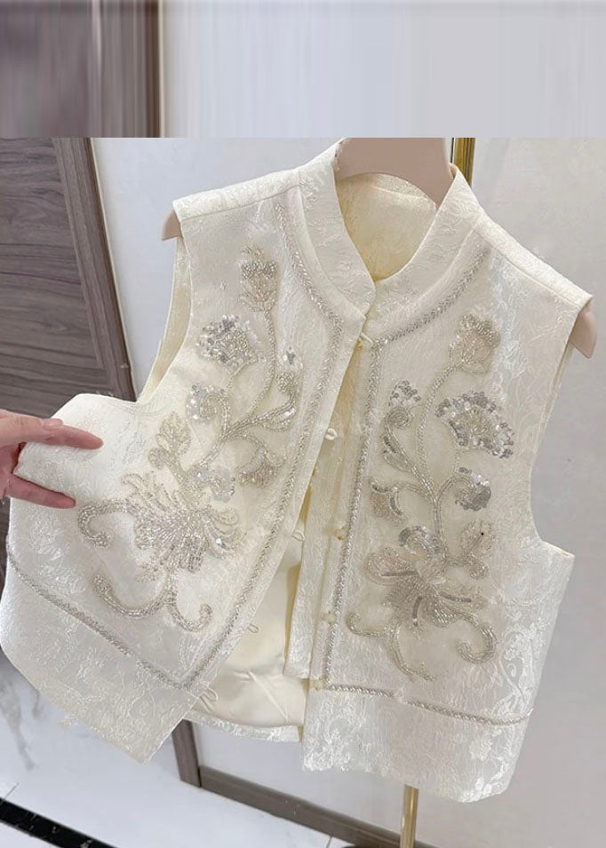Chinese Style Beige Embroidered Patchwork Sequins Waistcoat Fall