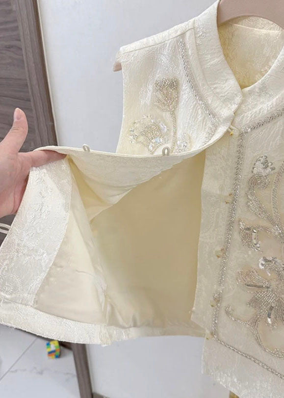 Chinese Style Beige Embroidered Patchwork Sequins Waistcoat Fall