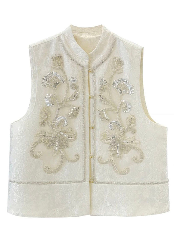 Chinese Style Beige Embroidered Patchwork Sequins Waistcoat Fall
