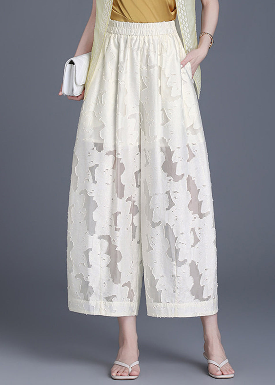 Chinese Style Beige Hollow Out Wide Leg Crop Pants Summer