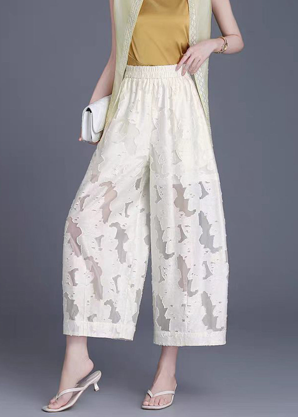 Chinese Style Beige Hollow Out Wide Leg Crop Pants Summer