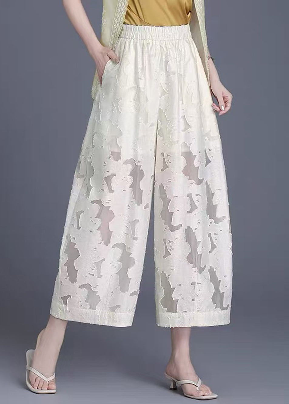 Chinese Style Beige Hollow Out Wide Leg Crop Pants Summer