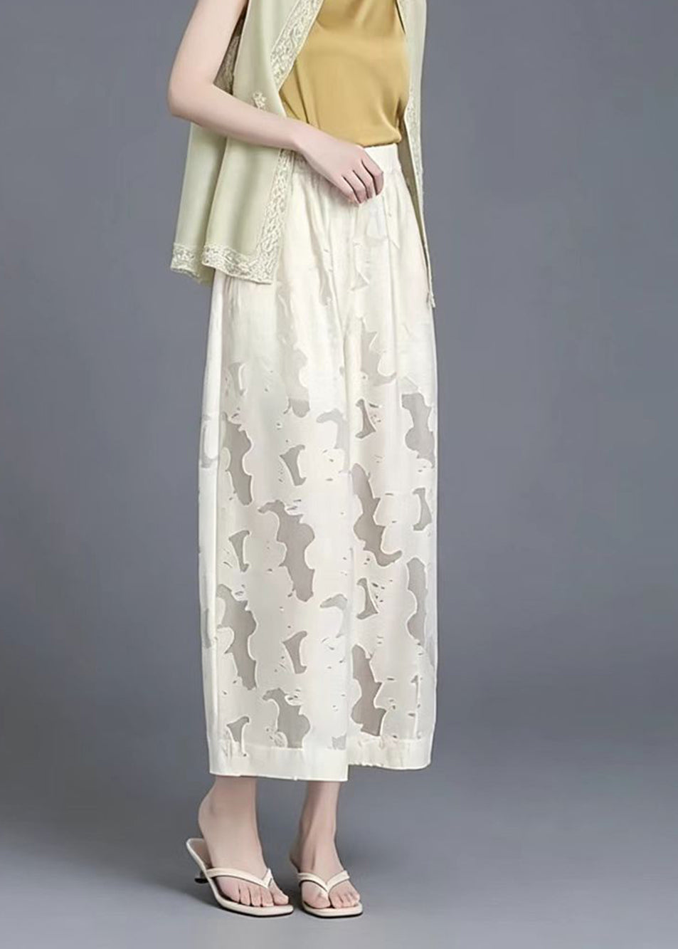 Chinese Style Beige Hollow Out Wide Leg Crop Pants Summer