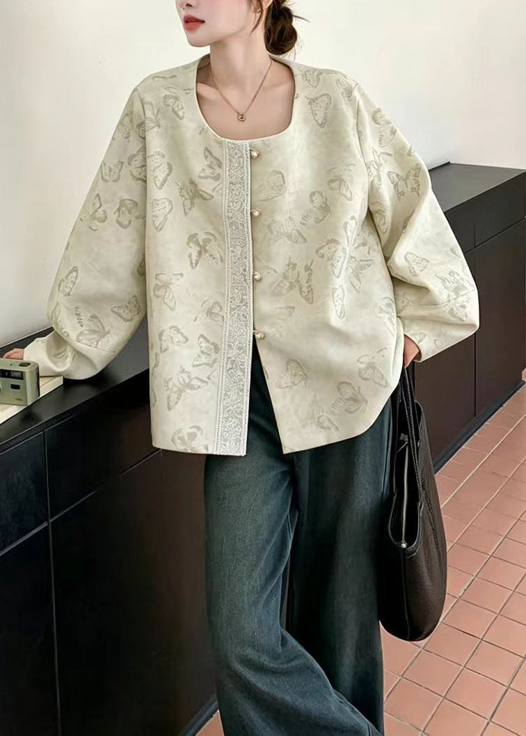 Chinese Style Beige O-Neck Butterfly Print Lace Patchwork Short Coat Fall