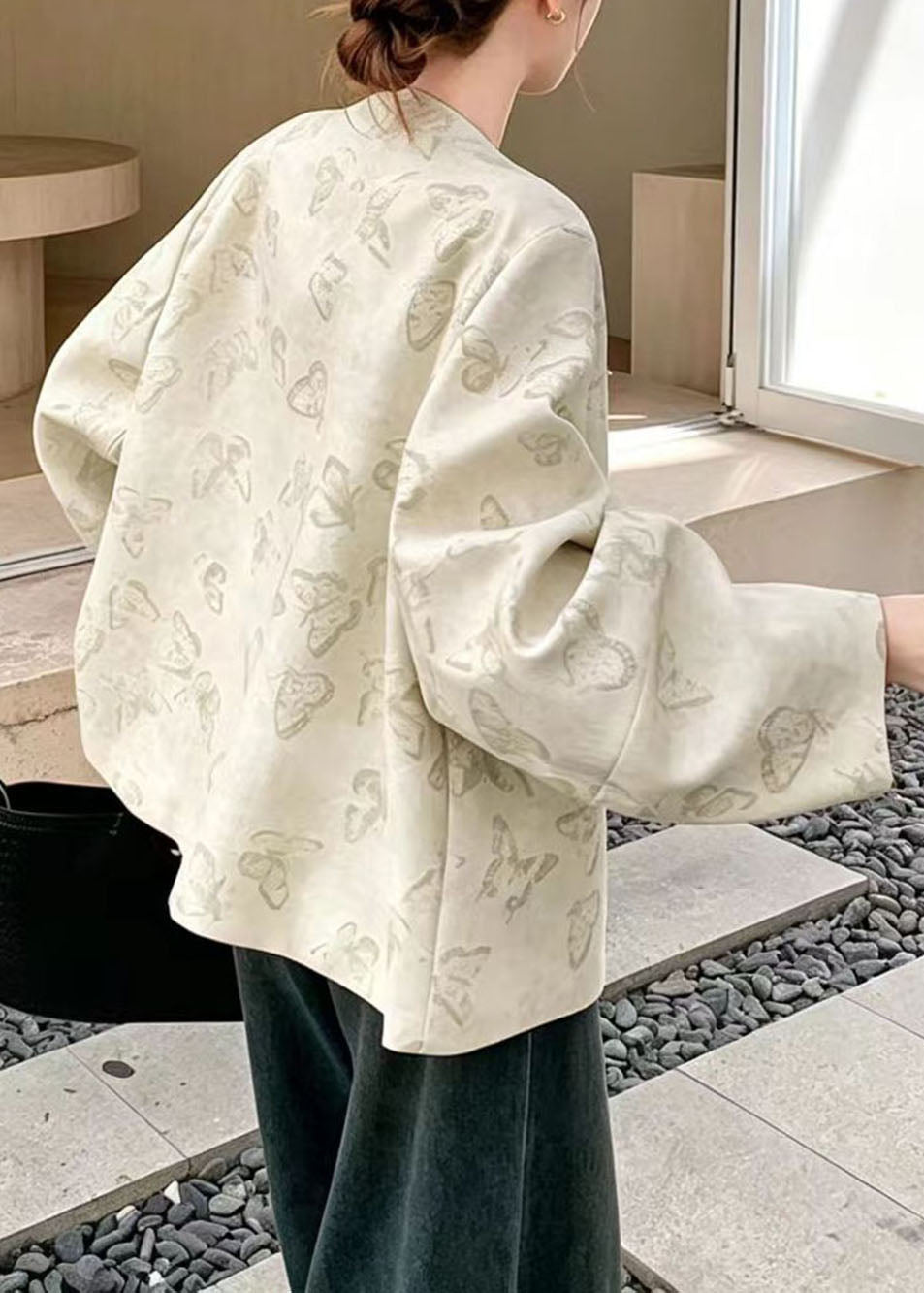 Chinese Style Beige O-Neck Butterfly Print Lace Patchwork Short Coat Fall