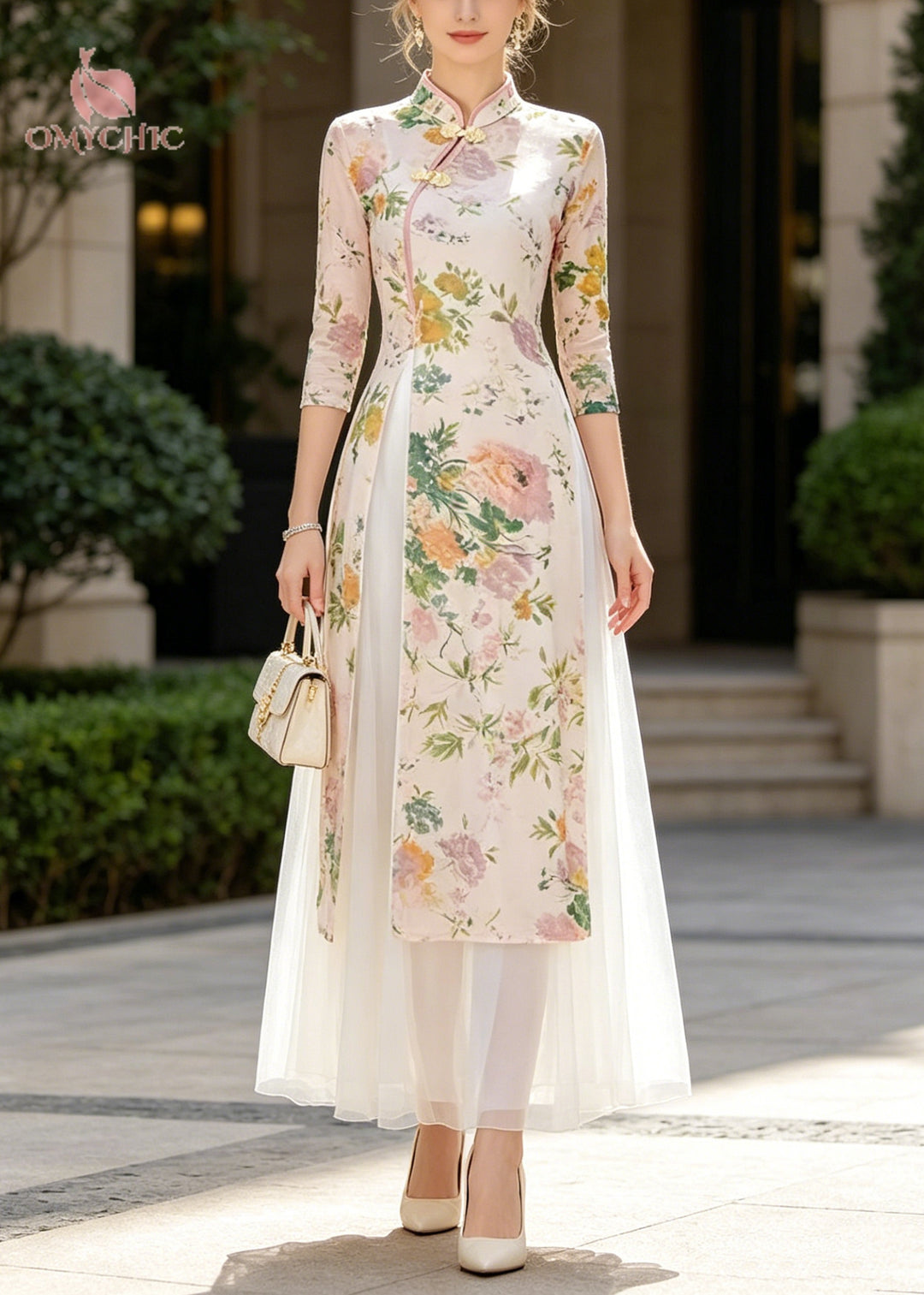 Chinese Style Beige Print Side Open Chiffon Two-Piece Set Summer