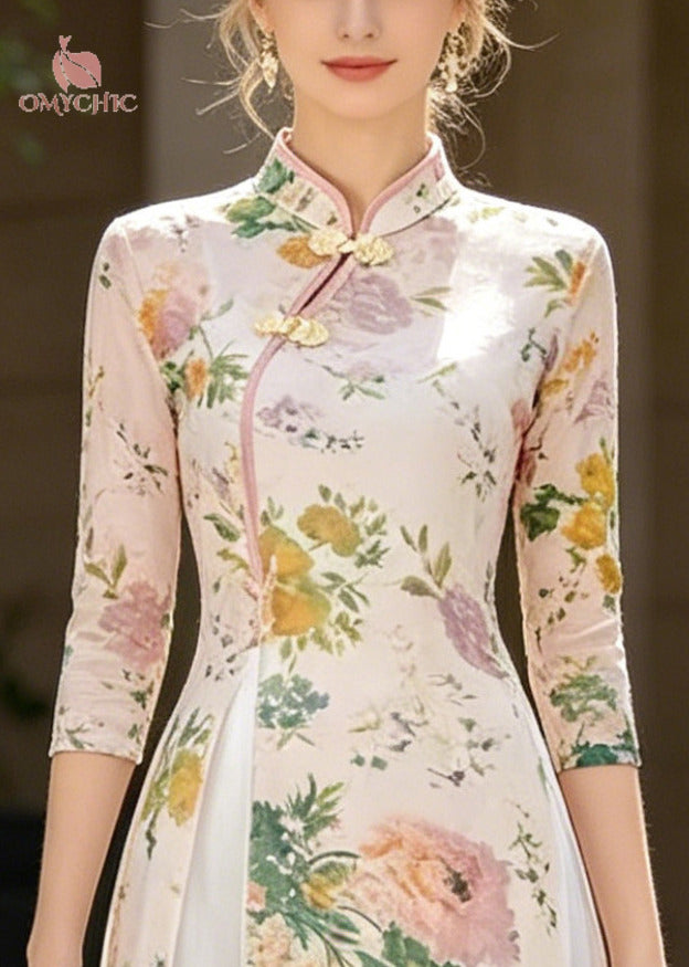 Chinese Style Beige Print Side Open Chiffon Two-Piece Set Summer