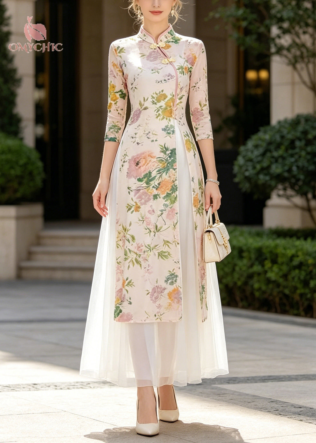 Chinese Style Beige Print Side Open Chiffon Two-Piece Set Summer
