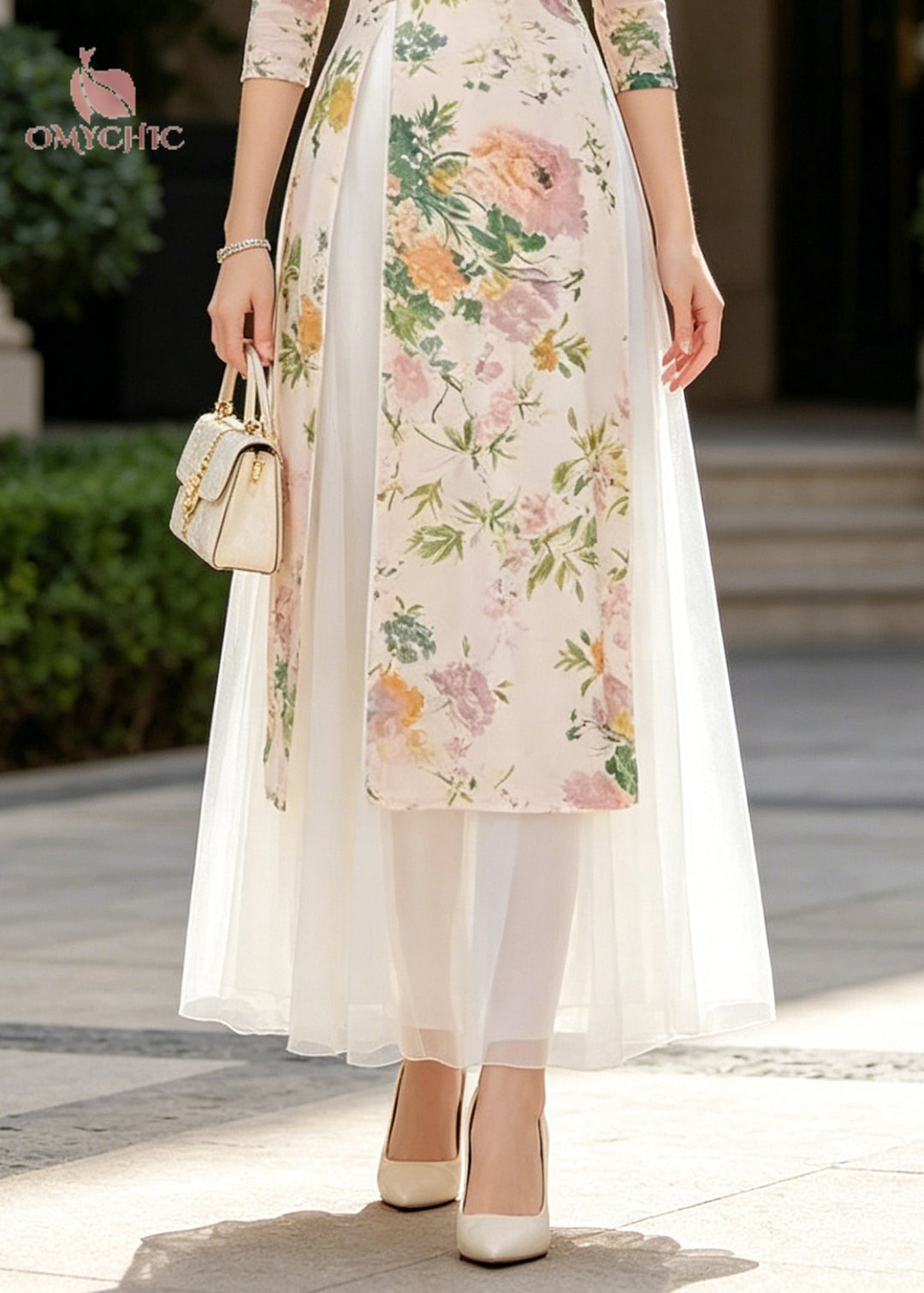Chinese Style Beige Print Side Open Chiffon Two-Piece Set Summer