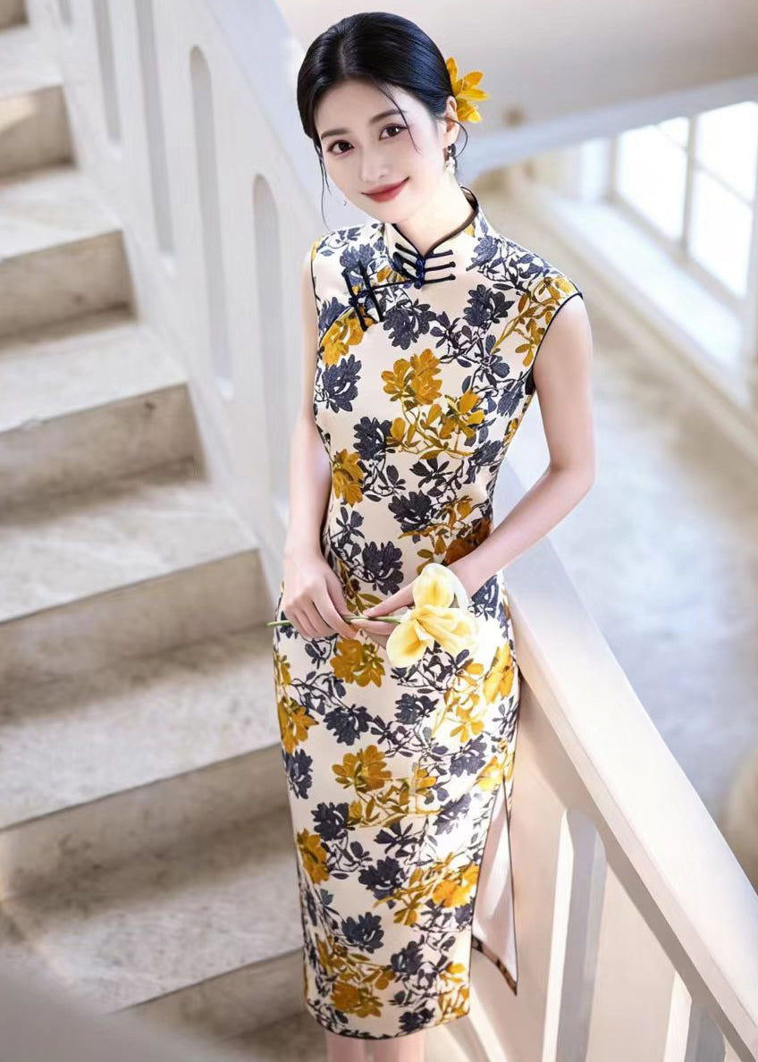 Chinese Style Beige Print Stand Collar Side Open Dresses Sleeveless