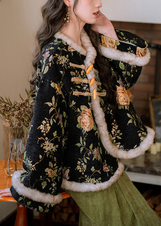 Chinese Style Black Button Patchwork Warm Fleece Parka Winter