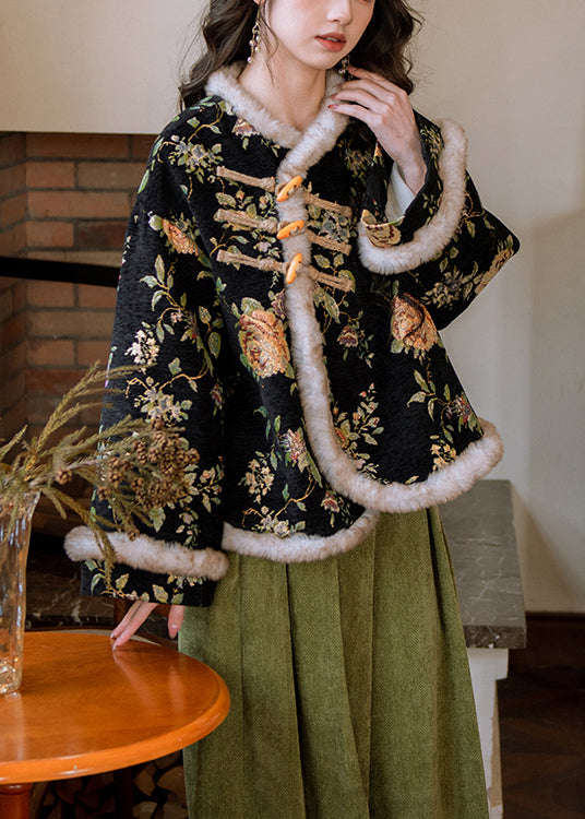 Chinese Style Black Button Patchwork Warm Fleece Parka Winter