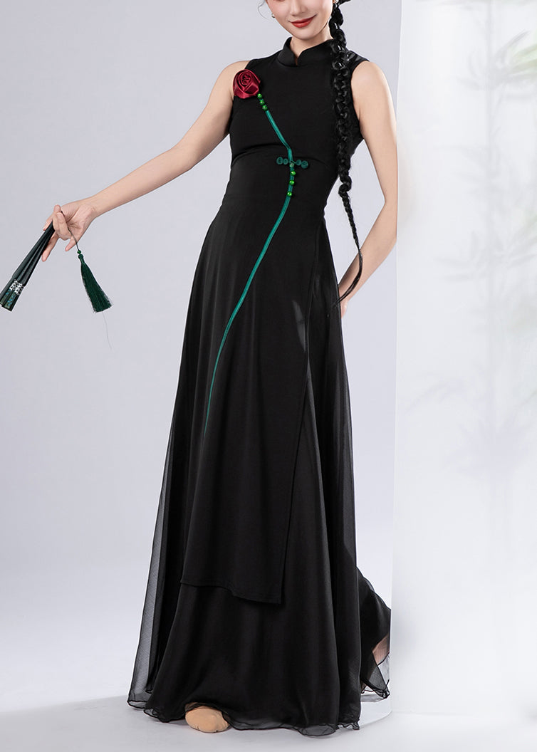 Chinese Style Black Chiffon Oriental Dancewear Two Piece Suit Set Sleeveless