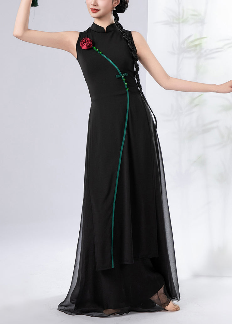 Chinese Style Black Chiffon Oriental Dancewear Two Piece Suit Set Sleeveless