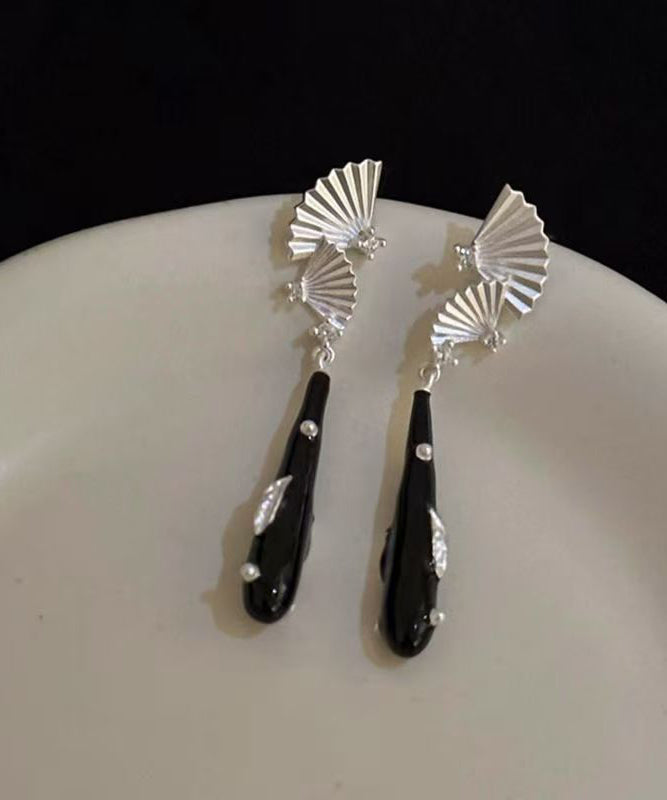 Chinese Style Black Copper Dripping Glaze Sector Drop Earrings