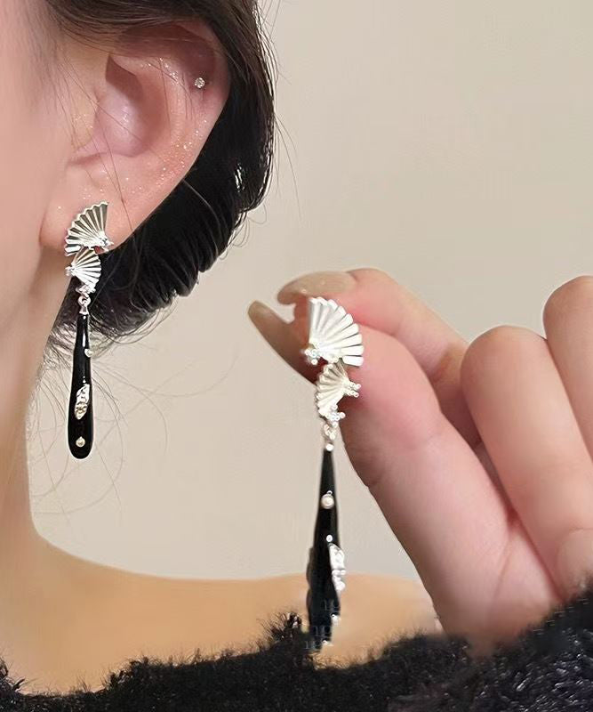 Chinese Style Black Copper Dripping Glaze Sector Drop Earrings