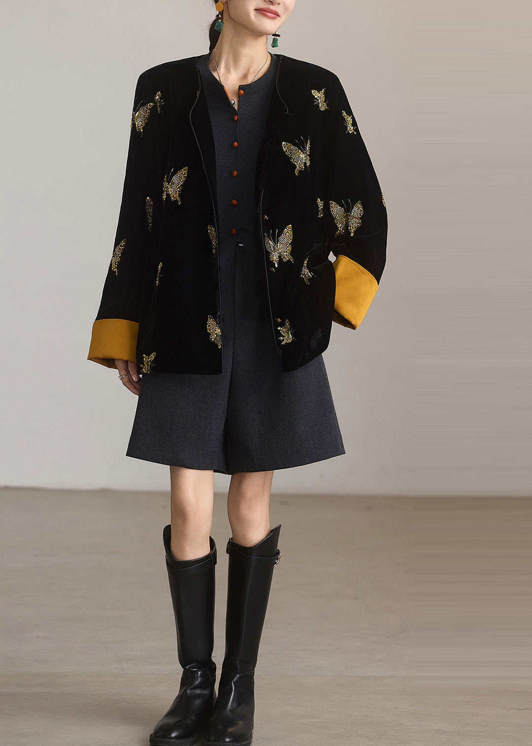 Chinese Style Black Embroidered Butterfly Silk Velvet Coat Spring