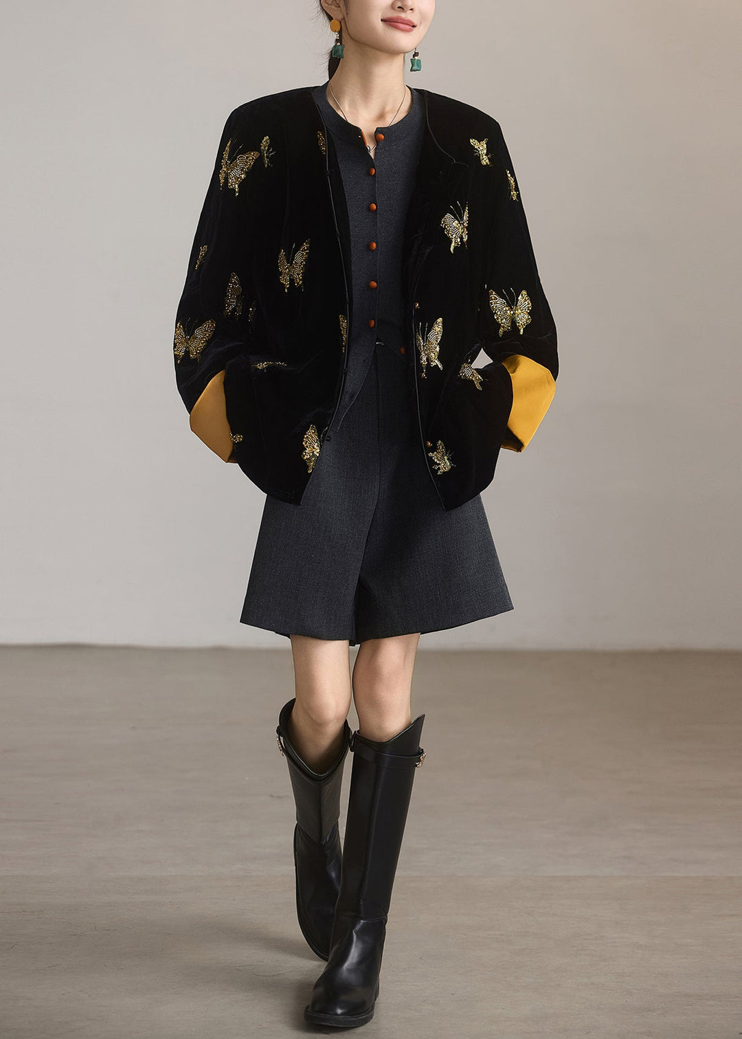 Chinese Style Black Embroidered Butterfly Silk Velvet Coat Spring