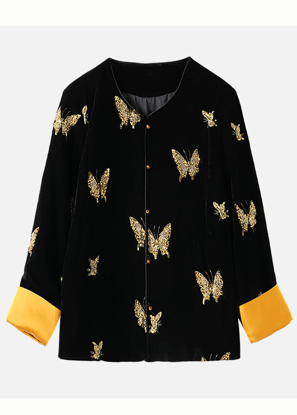 Chinese Style Black Embroidered Butterfly Silk Velvet Coat Spring