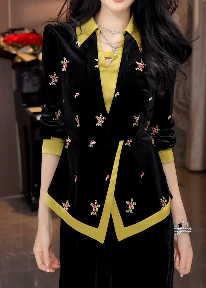 Chinese Style Black Embroidered Chiffon Shirt Tops Spring