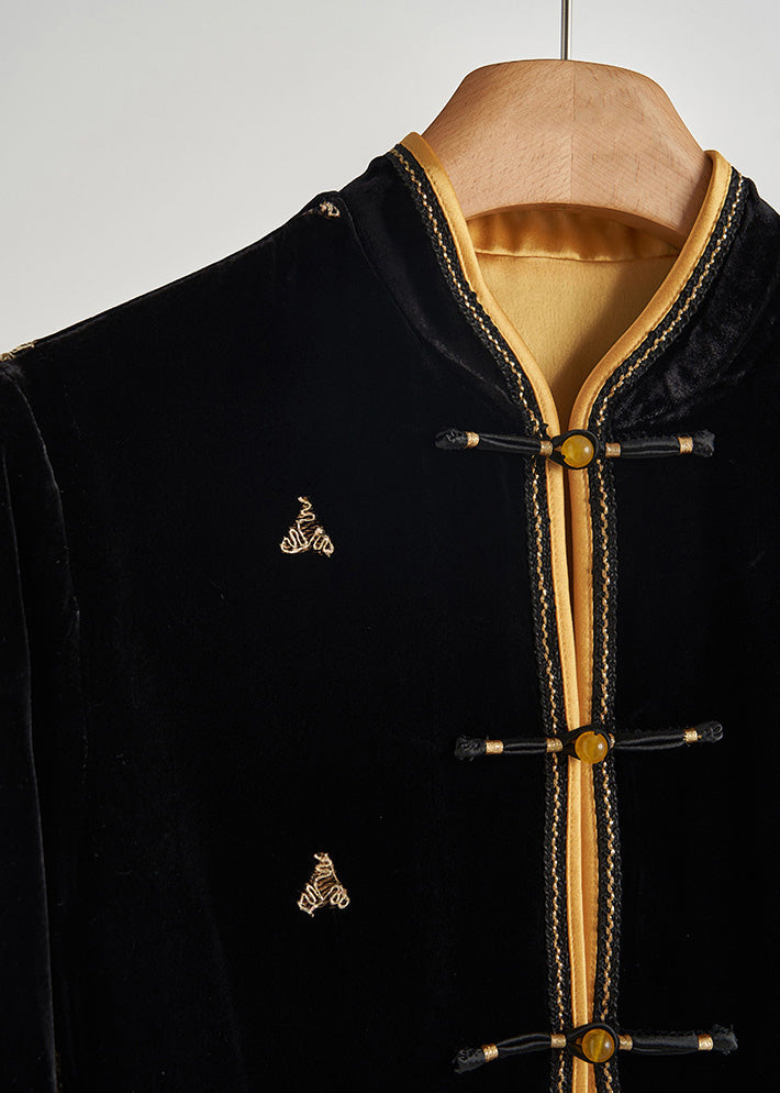 Chinese Style Black Embroidered Chinese Button Silk Velvet Coats Fall