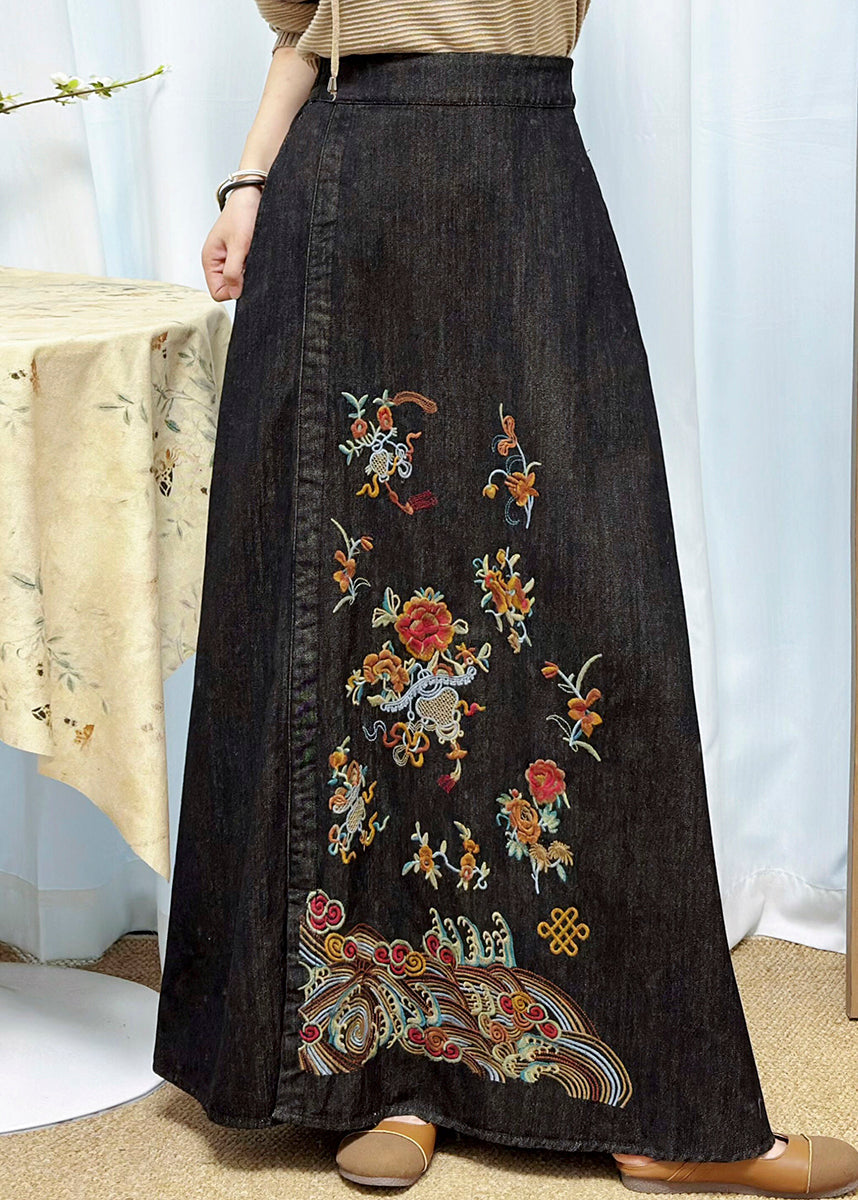 Chinese Style Black Embroidered Denim Skirts Summer